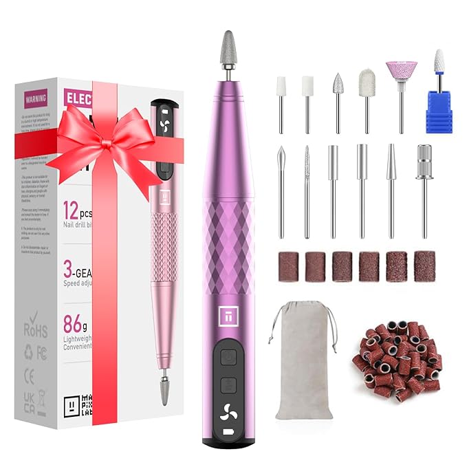 Mfish Professional Nail Drill Kit, Electric Nail File for Acrylic/Gel Nails,12 Bits, Adjustable Speeds, Portable Cordless Electric Nail Tools for Home & Salon Use