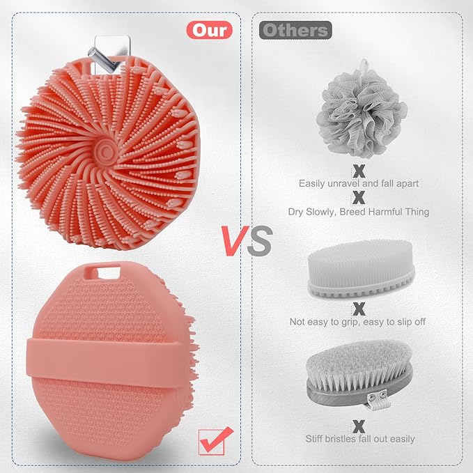 Silicone Body Scrubber, Exfoliating Body Scrubber for All Skin Types, Handheld Shower Brush with Rich Lathering and Easy Cleaning (Pink)