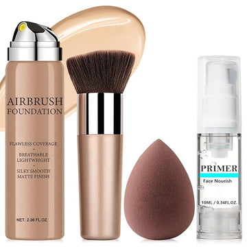 AirBrush Foundation Spray With Primer and Brush, Silky Mist Foundation Spray Makeup, Full Coverage Foundation for Smooth Radiant Finish, Formula Breathable Lightweight Hydrating(#3 Nude)
