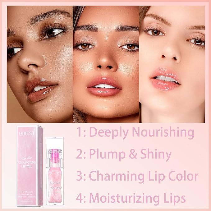 2PCS Magic Color Changing Lip Oil - Big Brush, Long Lasting Shimmery, Warm Change Hydrating Lip Gloss