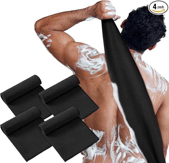 Tatuo 4 Pieces Korean Exfoliating Washcloth Body Back Scrubber Japanese Italy Exfoliating Cloth 35.5 Inch Long Bath Towel Washcloth Dead Skin Remover for Men Women(Black)