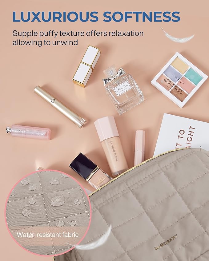 BAGSMART Makeup Bag Travel Toiletry Bag, Puffy Padded Make Up Bags for Women Makeup Organizer Case, Wide-open Pouch Purse Travel Essentials Toiletries Accessories Brushes, Camel