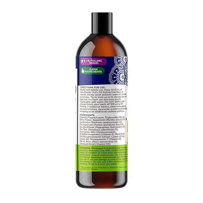 GuruNanda Kids Oil Pulling, Alcohol-Free Mouthwash, Essential Oils & Vitamins for Fresh Breath & Happy Gums for Ages 6 & up, Natural Berry Lemon Rose, 8 Oz