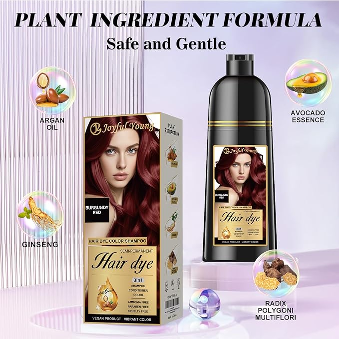 Hair Dye Shampoo 3-in-1 Vegan Color for Gray Hair - Ammonia-Free for Men & Women – Beard & Hair Coloring – Instant Gray Coverage Champú Para Canas Mujer & Hombre (BURGUNDY WINE RED)