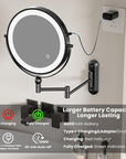 Rocollos 9-Inch Large Makeup Mirror with 30X Magnification, Rechargeable Wall Mounted Vanity Mirror with Lights, 3 Color Dimmable LED, Touch Screen & Retractable Arm-Black (9INCH-Black)
