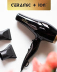 Olivia Garden 1875W Ceramic + Ion Professional Hair Dryer for Men and Women - Fast Drying Blow Dryer - Powerful Ionic Generator - 3 Heat Settings - with 2 Nozzles and Storage Bag - (Black/Gold)