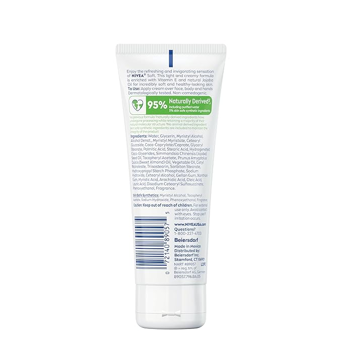 NIVEA Soft Refreshingly Soft Moisturizing Cream, Lightweight Moisturizer for Face, Body and Hands, Body Cream Enriched with Jojoba Oil and Vitamin E, 2.6 Oz Tube, Pack of 3
