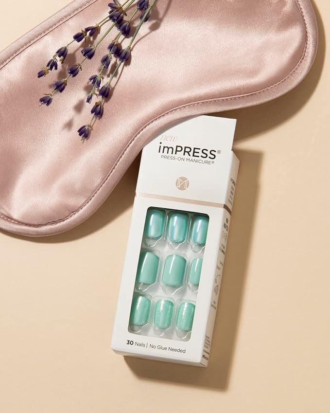KISS imPRESS Press-On Manicure, Nail Kit, PureFit Technology, Short Press-On Nails, 'Rain Check', Includes Prep Pad, Mini Nail File, Cuticle Stick, and 30 Fake Nails (Pack of 2)