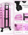 Profesional Rolling Makeup Train Case with Lid, 5 in 1 Cosmetology Case on Wheels, Large Cosmetic Trolley Organizer Travel for Hairstylist Artist Nail Beauty Salon Barber, Pink