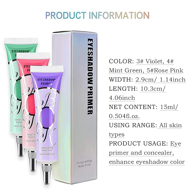 3 Pack Matte Eyeshadow Primer for Oily Lids No Crease Violet Green Pink Color Eye Makeup Eye Primer Base Waterproof & Smudge-proof & Long Lasting Cream Liquid Eye-shadow for All Shadows (Set D)