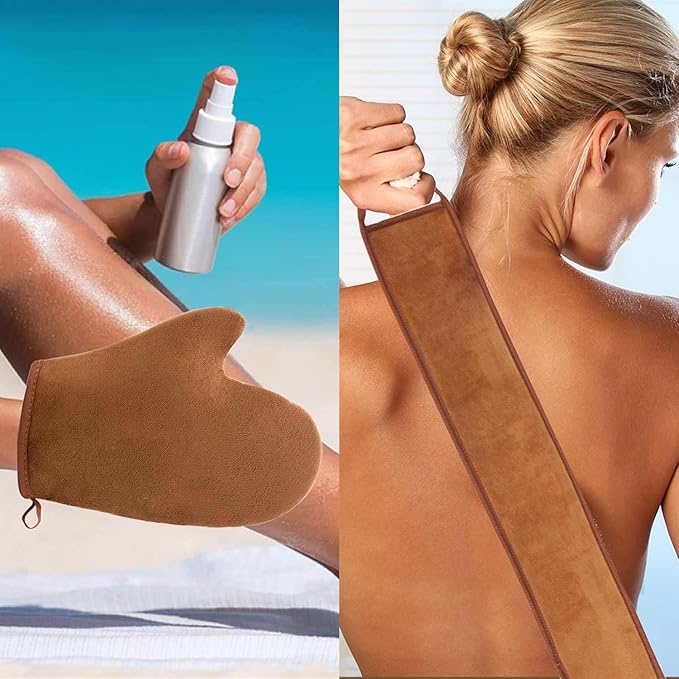 FUNAN Self Tanning Applicator Kit with Tanning Glove for Self Tan Mitt, Back Lotion Applicator, Mini Mitt and Ultra Soft Self Tanner Brush Bamboo Kabuki Brush, Brown