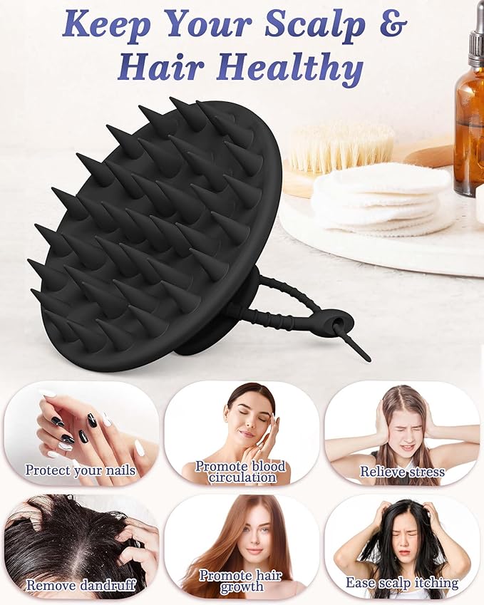 Manmihealth Silicone Hair Scalp Massager & Soft Bath Glove Set 2 PCS, Extra-large Shampoo Scalp Brush with Body & Face Scrubber for All Hair Skin Types with a Free Silicone Strap&Hook Style 1(Black*2)