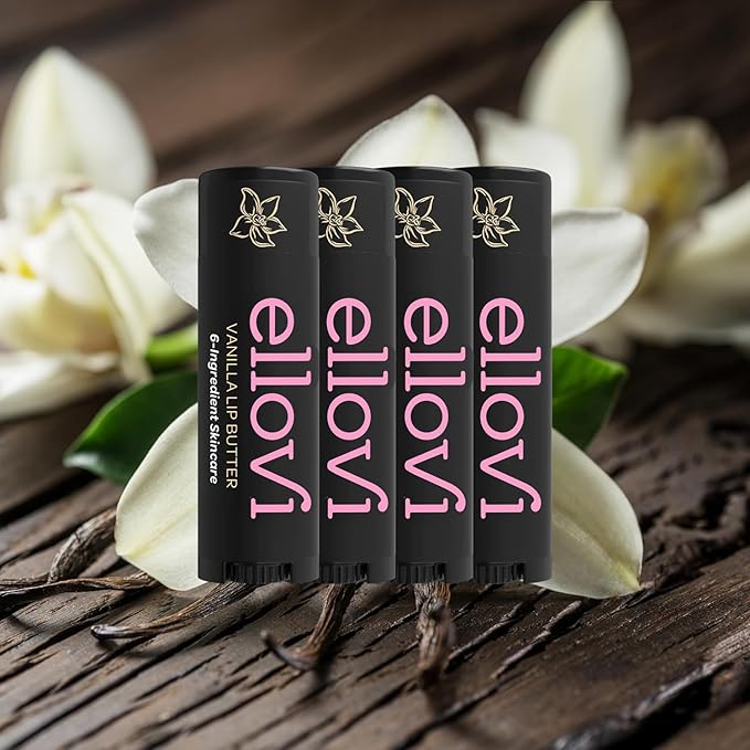 Ellovi Natural Lip Butter Lip Balm - Vanilla - Pure Enough to Eat - Made With Just 6 Vegan Ingredients - 100% Natural & Organic Moisturizing Lip Care for All Day Hydration (4-Pack)