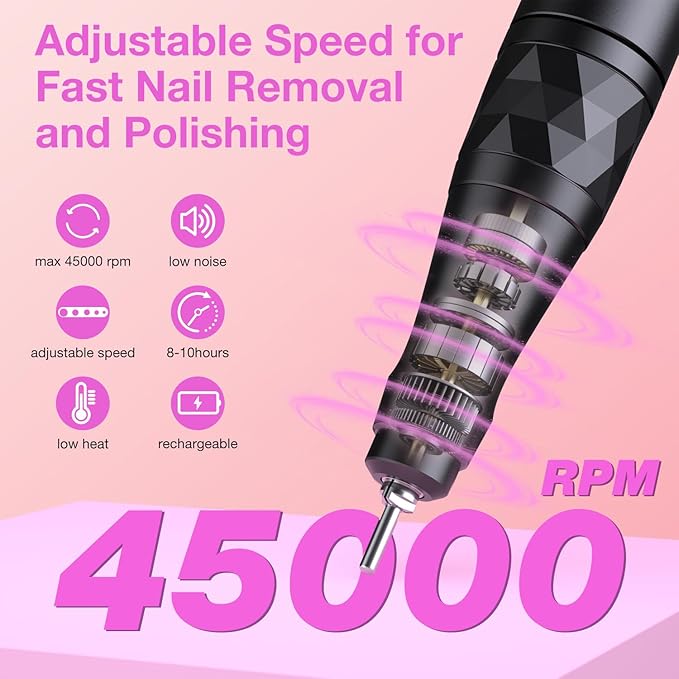 Electric Nail Files, 45000 RPM Professional Nail Drill for Acrylic Nails Gel, Adjustable Speed E File for Nails, Cordless Rechargeable Nail Drill Kit for Manicure Salon Home