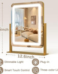 ROLOVE Vanity Mirror with Lights, 12.6"×15" LED Makeup Mirror, Lighted Makeup Mirror with Lights, Smart Touch Control Dimmable 3 Modes Light, Lighted Up Mirror for Makeup Desk, Gold