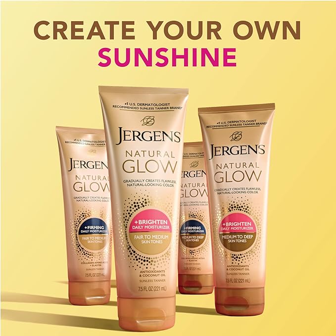 Jergens Natural Glow Self Tanner Body Lotion, Daily Sunless Tanning, Medium to Deep Skin Tone, Daily Moisturizer with Coconut Oil, Vitamin E and Antioxidants, 7.5 Oz, Pack of 2