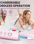 Electric Nail Drill, Cordless 2000 mAh Rechargeable Portable Nail File 12 in 1 Kit for Thick Toenails, 10 Speeds Nail Dril Machine Professional Manicure Pedicure for Hand Natural Nails Care (Pink)