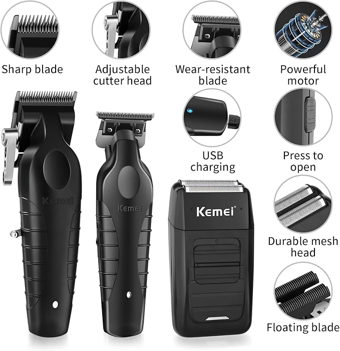 KEMEI Professional Hair Clipper, Hair Trimmer, Beard Shaver Set for Men, Electric Cordless Barber Clipper Beard Trimmer, Rechargeable Fade Clipper Haircutting Kit, KM-2299, KM-2296, KM-1102