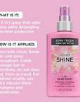John Frieda Vibrant Shine 3 in 1 Spray, Detangles Hair, and Heat Protects, Infused with Rosehip Oil to Boost Shine for Radiant, Glossy Hair Across All Shades, Styles, & Textures, 5 Oz