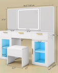 DWVO 56" Vanity Table Set with Tri-Fold Mirror & LED Lights, Makeup Vanity Desk with RGB Glass Cabinets, Storage Drawers, Shelves, Built-in Power Strip, Cushioned Stool for Dressing Room, White