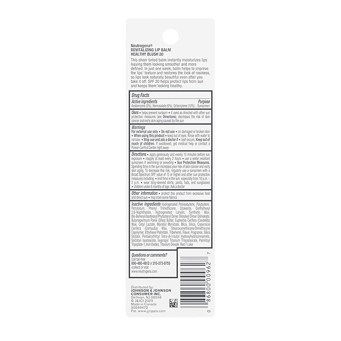 Neutrogena Revitalizing Tinted Lip Balm Broad Spectrum SPF 20 Sunscreen, Moisturizing Lip Balm with a Sheer Tint for Softer, Smoother, Healthier-Looking Lips, Sheer Healthy Blush 20, .15 oz