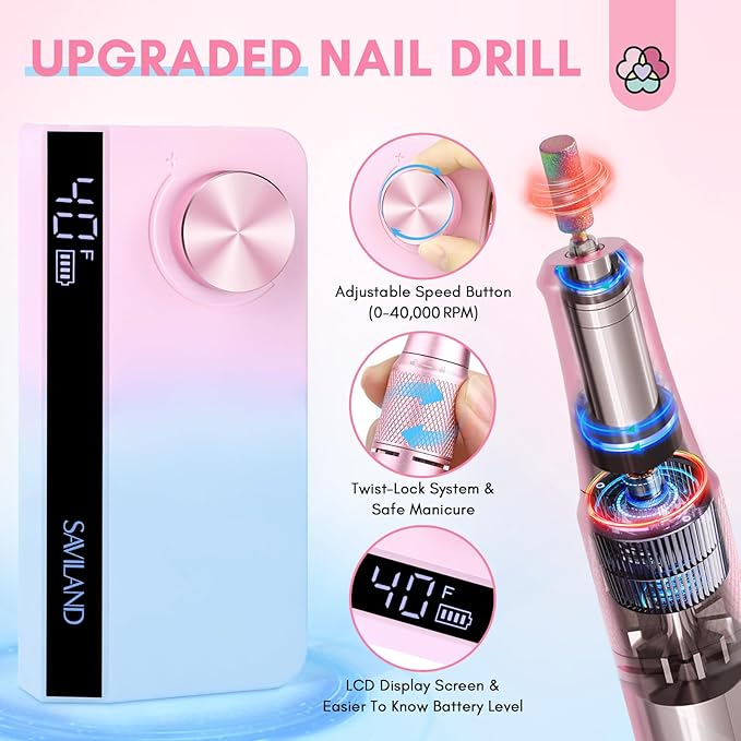 SAVILAND Portable Electric Nail Drill: 40000 RPM Rechargeable Electric Nail File for Acrylic Nails Professional with Ceramic Corn Head Nail Drill Bits for Nails Manicure Tools & Pedicure Kit Salon Use
