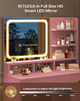 Makeup Vanity Desk Set, 35.4" Wx15.7”Dx53.9“H, Pink (Smart LED Mirror, with Cushion Stool, Hairdryer Rack, Power-Outlet, 4 Drawers, Open Shelves)
