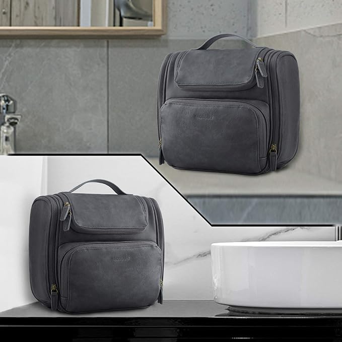 BAGSMART Hanging Toiletry Bag, Water-resistant Leather Dopp Kit, Large Travel Organizer for Full Sized Container, Grey
