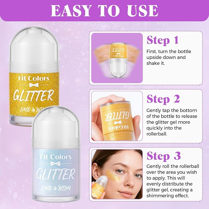 Body Glitter Gel, Sequins Shimmer Liquid Eyeshadow, Mermaid Sequins Liquid Holographic Glitter, Roll-on Holographic Body Glitter Gel for Body, Face, Hair and Lip(1# Sparkling Pink)