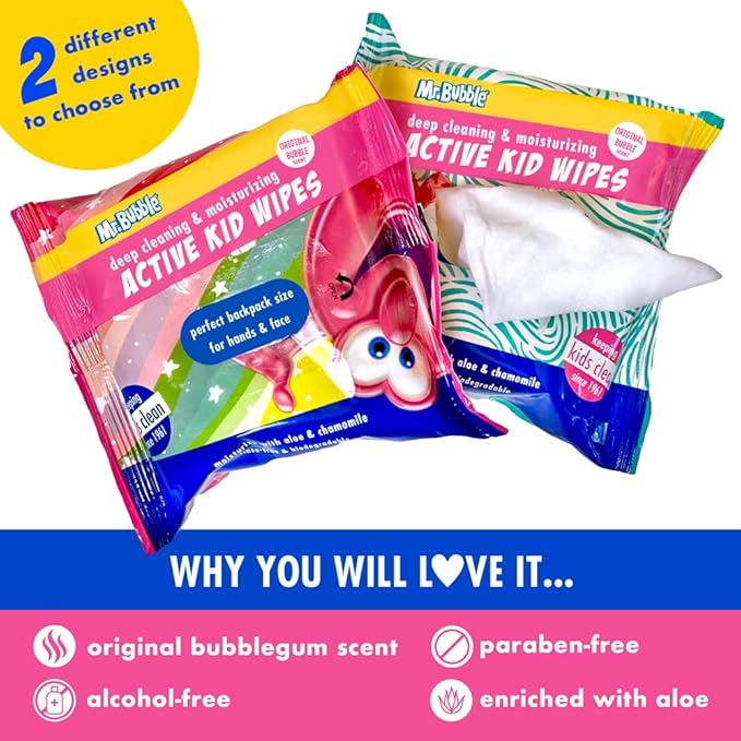 Mr. Bubble Moisturizing Kids Gentle Face and Hand Wipes, Travel Size Biodegradable Deep Cleaning Towelettes Made with Hydrating Aloe Vera and Chamomile (Pack of 12 Pouches, 15 Wipes Each)