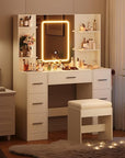 Vanity Desk with Mirror, Stool, Touch LED Light and Power Outlet Makeup Vanity Table with 7 Drawers and 6 Storage Shelves Dressing Table for Bedroom Dressing Room