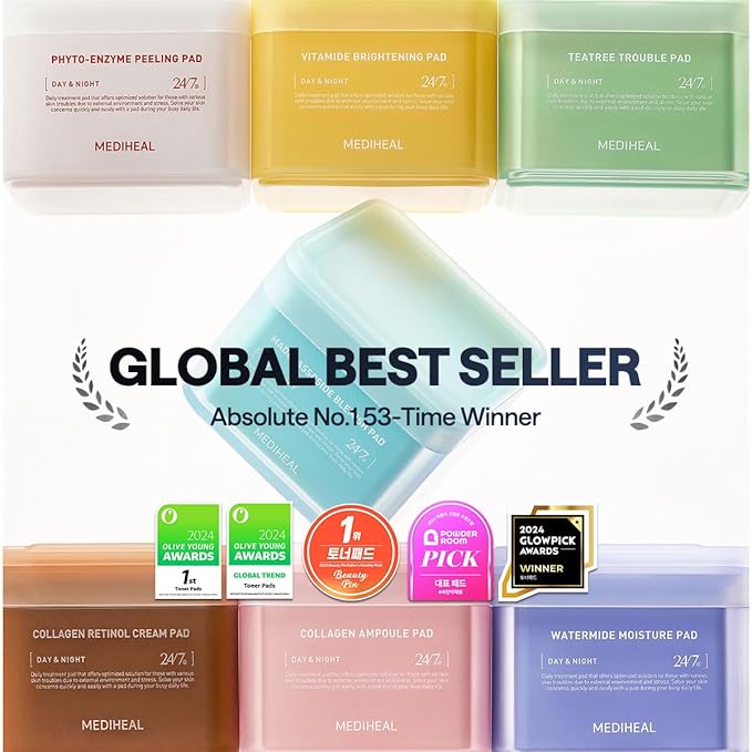 MEDIHEAL Collagen Ampoule Facial Toner Pads - Collagen & Ceramide - Skin Firming & Restore Elasticity & Deep Hydration - Tighten Wrinkles & Lines - Vegan Eco Silk Fabric