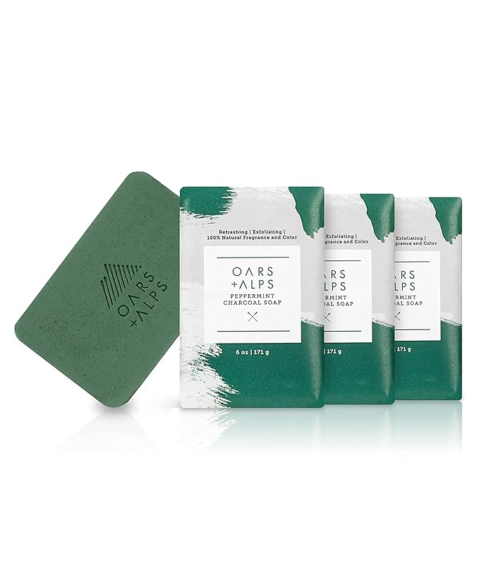 Oars + Alps Peppermint Charcoal Exfoliating Men's Bar Soap, Dermatologist Tested and Made with Clean Ingredients, Travel Size, 3 Pack, 6 Oz Each
