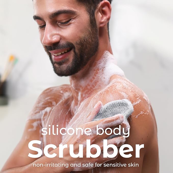 MainBasics Silicone Body Scrubber – Dual-Sided Shower Exfoliator for Men & Women, Gentle Silicone Loofah Alternative for Deep Clean (Black, Exfoliate)