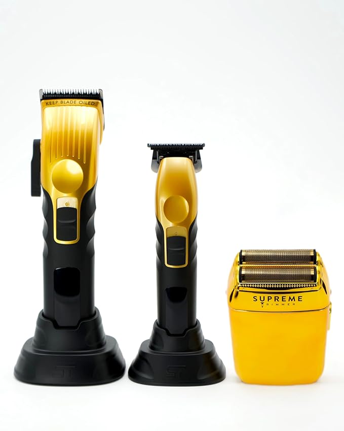 Supreme Trimmer 3-in-1 Barber Bundle | 2Spee Clipper, 2Spee Trimmer & Crunch Foil Shaver | Professional Beard Trimmer Men’s Hair Clipper Kit | (Gold)