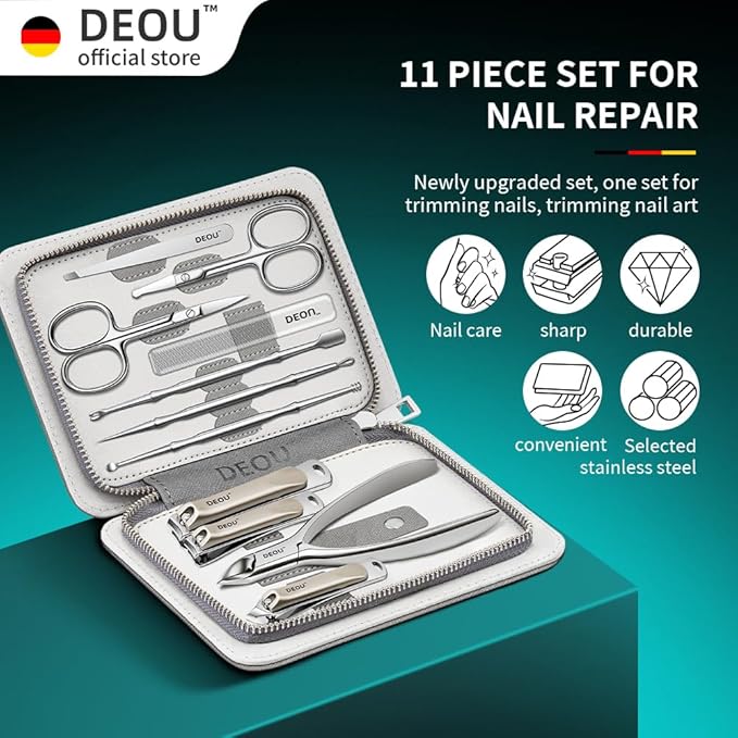 DEOU Kit Grooming Nail Clippers Set 11 in 1 Stainless Steel Professional Manicure Kit Nail Clippers Set for Women, 11pcs Luxurious Personal Care Manicure Nail Gift Set for Travel or Home