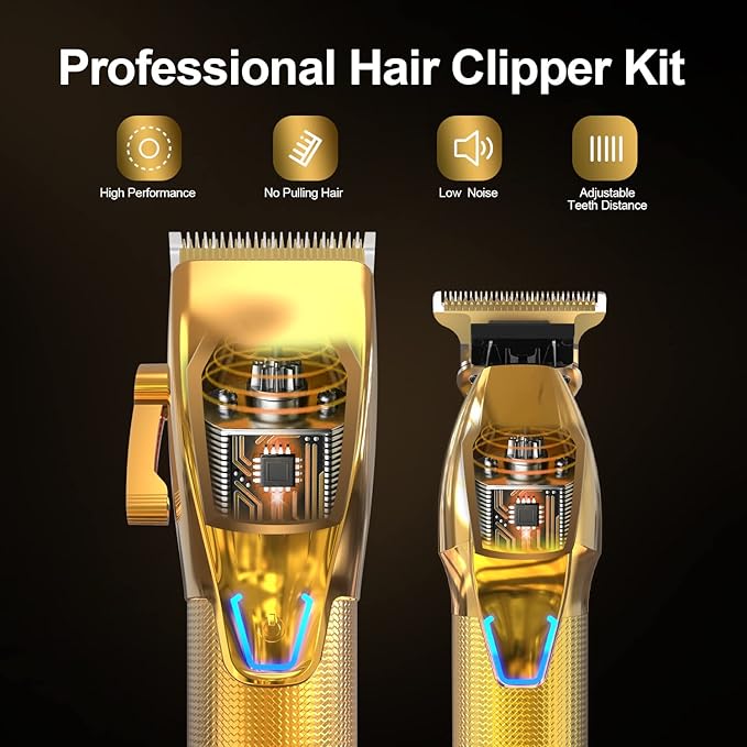 Cordless Hair Clippers for Men,Professional Hair Clippers Trimmer Kit,Barber Fading Clipper and Zero Gap T-Blade Trimmer Set with LED Display for Mens Gifts(Gold)