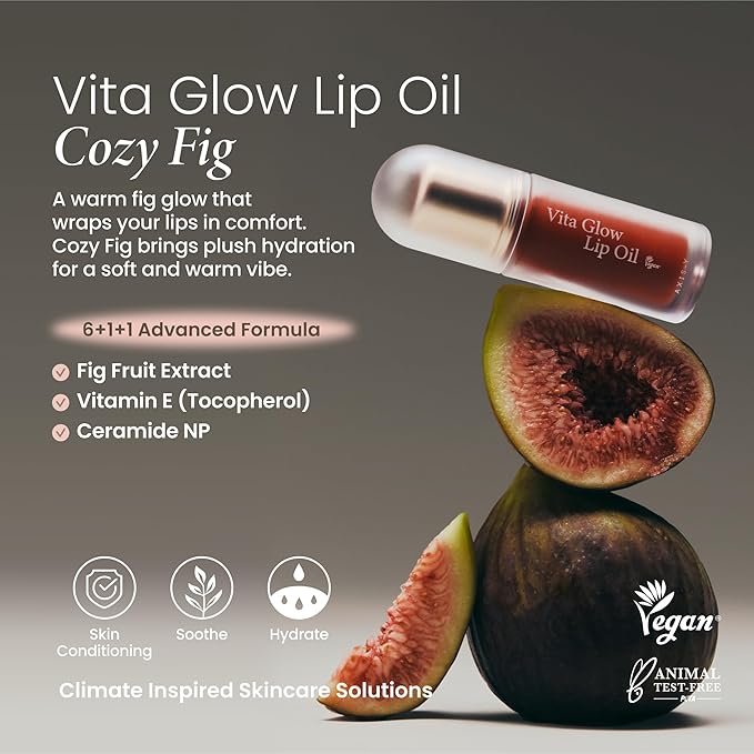 AXIS-Y Vita Glow Lip Oil with Vitamin E & Ceramide - Nourishing & Revitalizing Dry, Chapped Lips with Long Lasting Moisturization - Vegan Korean Skin Care Lip Treatment - 0.13 fl. oz. (Cozy Fig)