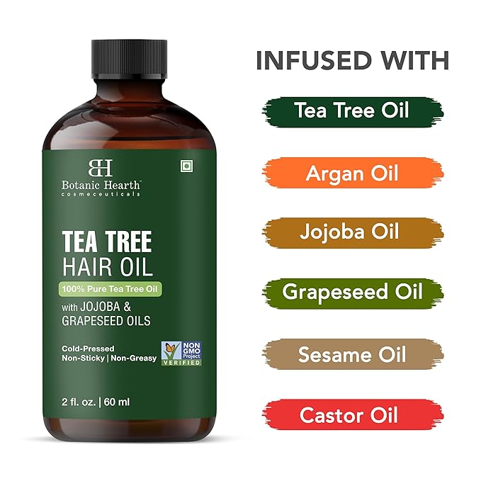 Botanic Hearth 100% Pure Tea Tree Oil For Hair Growth | Infused with Jojoba & Grapeseed Oils | Hair Oil Repairs Dry Damaged Hair, Strengthening, Healthier - Hair Tonic, 2.0 fl oz