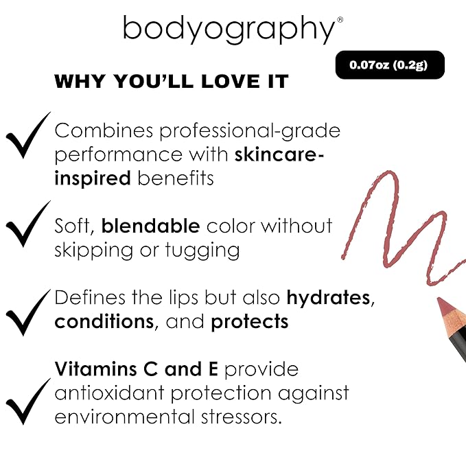 Bodyography Barely There Lip Pencil | Lip Liner Pencil with Coconut Oil, Vitamin E & C | Long-Lasting, Matte Liner for Definition & Color | Makeup Essential for Smooth Lip Contour