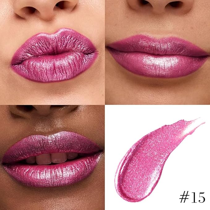 Kaely 2-in-1 Rose Metallic Lipstick and Lip Liner, Shimmer Liquid Metallic Lipsticks for Women, Glitter Lip Gloss Stain Long Lasting Waterproof Smudge Proof 24 Hour, Vegan Makeup, 15