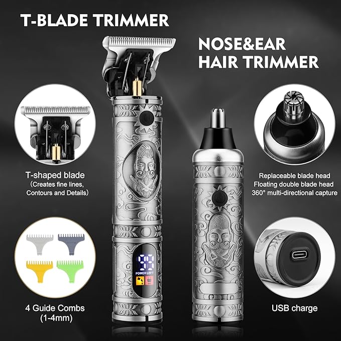 Professional Hair Clippers for Men,Hair Clippers+T-Blade Trimmer+Electric Shaver+Nose Hair Trimmer Set,4 in 1 Cordless Barber Hair Cutting Kit LCD Display Gifts (Gray)