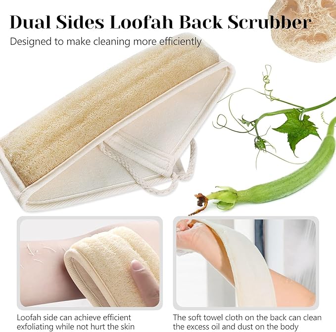 Inmorven Natural Loofah Exfoliating Back Scrubber for Shower Set (40 inch), Loofah for Men Women Sponge Pads & Body Sponge Scrubber, Deep Clean & Invigorate Your Skin, Beige