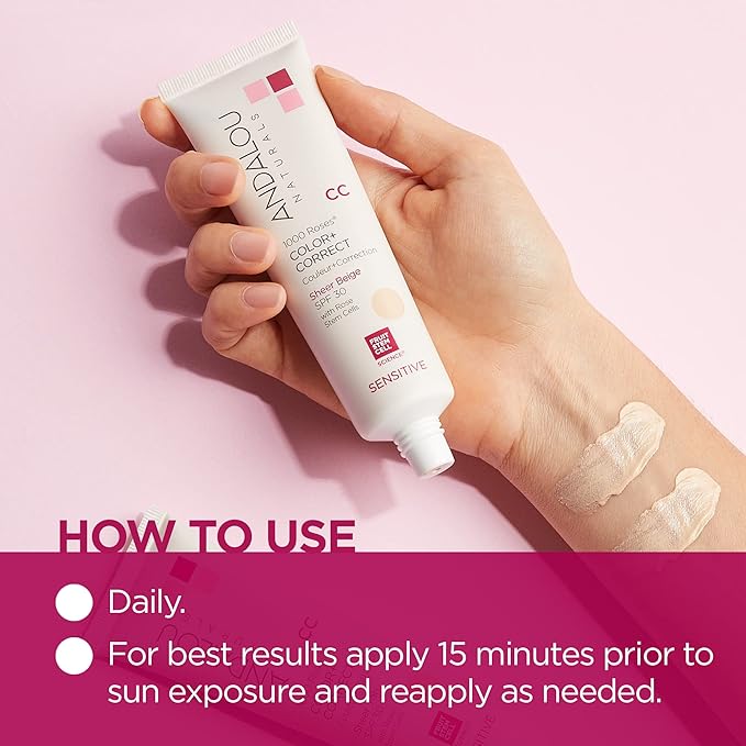 Andalou Naturals 1000 Roses CC Color + Correct with SPF 30, Sheer Beige, 2-in-1 Face Sunscreen + CC Cream for Sensitive Skin, Helps Correct Uneven Skin Tone, Reef Safe Sunscreen, 2 Fl Oz
