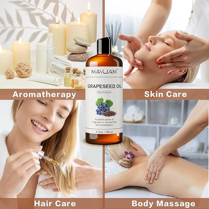 Organic Grapeseed Oil 16Oz: 100% Pure&Natural ColdPressed Carrier Oil USDA Certified Grape Seed Extract HexaneFree Unscent Liquid Moisturizer,Massage Body Face Oil for Women&Men Face Skin&Hair