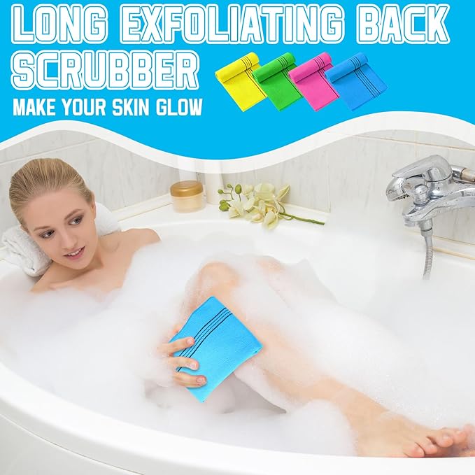 Tatuo 4 Pieces Korean Exfoliating Washcloth Body Back Scrubber Japanese Italy Exfoliating Cloth 35.5 Inch Long Bath Towel Washcloth Dead Skin Remover for Men Women(Multicolored)