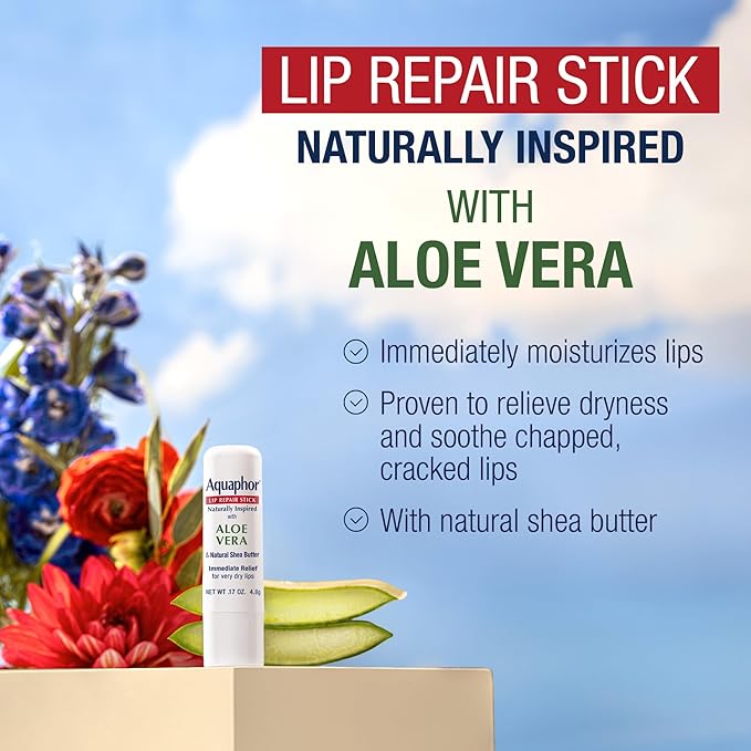 Aquaphor Naturally Inspired Lip Repair Stick with Aloe Vera and Natural Shea Butter, Hydrating Lip Balm Immediately Relieves Dryness, 0.17 Oz Stick (Pack of 2)