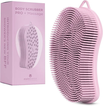 MainBasics Silicone Body Scrubber – Dual-Sided Shower Scrubber with Massage Nodes, Silicone Loofah Alternative for Deep Clean (Pink, Massage)