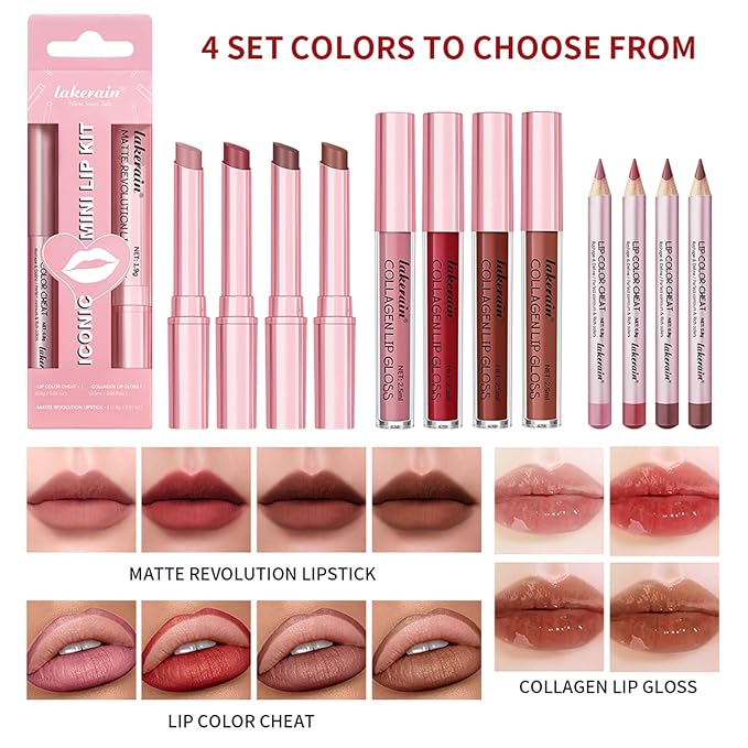 3PCS Lip Liner and Lipstick Combo Set - Matte Lip Liner Pencil, Velvet Matte Lipstick & Hydrating Collagen Lip Gloss - Long-Lasting, Smudge-Proof, High Pigment Nude Brown Lip Makeup Kit (Set 2, 3)