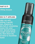 John Frieda Volume Lift Air Whipped Foam, Volumizing Hair Mousse with Air-Silk Technology for Fine or Flat Hair, Adds Lasting Body and Fullness with flexibile Hold, 7.5 Oz